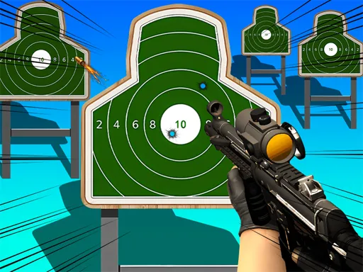 Cena de jogo de tiro com alvos de treinamento em formato humanoide e um rifle de precisão apontando. Jogador mira com sniper para acertar o centro dos alvos em um campo de tiro.